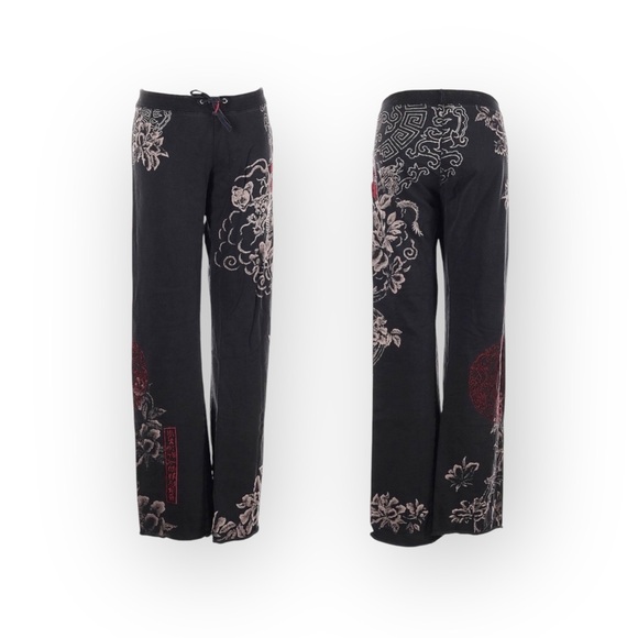 Vintage Y2K: Lucky ☘︎︎ Asian Dragon Red Embroidery Floral Sweatpants ☘︎︎ Black S - Picture 2 of 16